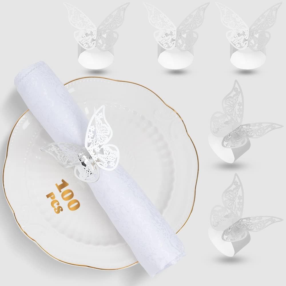 100 Pcs Napkin Rings Laser Cut Butterfly Shape Foil Paper Napkin Holder for Weddings Party Serviette Table Decoration Restaurant (Silver)