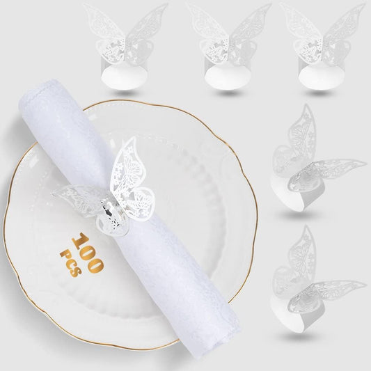 100 Pcs Napkin Rings Laser Cut Butterfly Shape Foil Paper Napkin Holder for Weddings Party Serviette Table Decoration Restaurant (Silver)