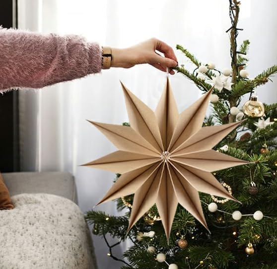 5 Pcs 12-Pointed Brown Paper Star Lanterns 12 Inch Hanging Lamp Rustic Paper Decorations Shade Scandi Home Party Decorations for Wedding Birthday Christmas