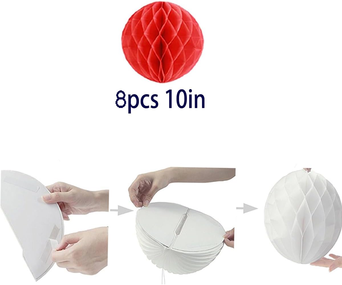 8pcs 10 inch Paper Honeycomb Balls Decorative Tissue Pom Poms Flower Art Hanging Balls for Birthday Wedding Nursery Baby Shower Home Decor (10inch, Red)