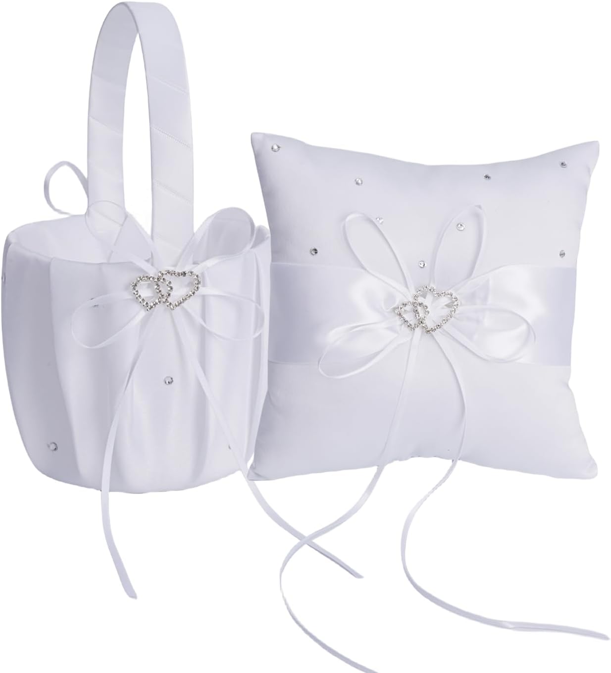 QIRMIZI Wedding Ring Pillow and Flower Girl Basket Set – Adorned with Pearl Rhinestones, White Satin,White