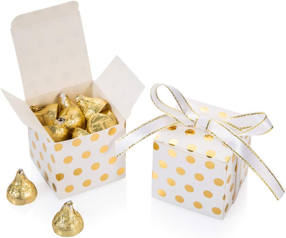 AWELL White Gift Candy Box Bulk with Gold Dots 2x2x2 inches with Ribbon Party Favor Box, Gold Dots, Pack of 50