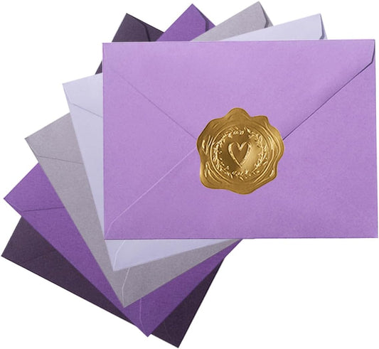 50 Pack Colored A6 Invitation Envelopes 4x6 with Gold Stickers for Cards and Invitations, 5 Colors (Purple, 6 1/2 x 4 3/4 inches)