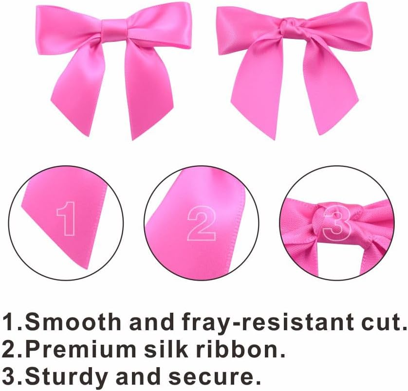 2.5" Hgzgch Pink Satin Ribbon Bow for Gift Wrapping, Premade Bows for Crafts, Cake, Party Favors, Handmade Bows with Double-Sided Tape, Self Adhesive Gift Bows for Presents, Treats, Christmas - 50pcs