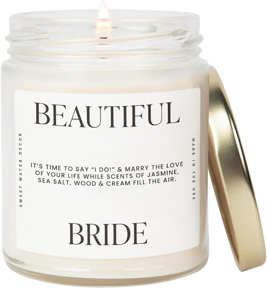 Sweet Water Decor, Beautiful Bride Candle - Sea Salt, Jasmine, Cream, and Wood Scented Soy Wax Candle for Home - Engagement and Wedding Gift - 9oz Clear Jar, 40 Hour Burn Time, Made in The USA