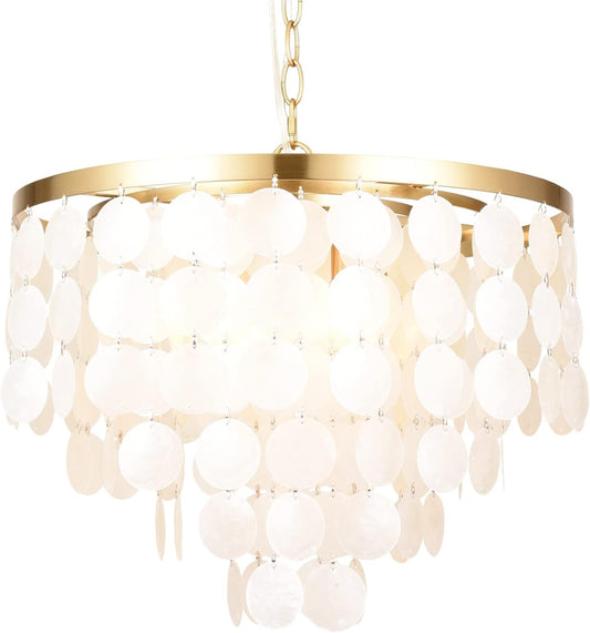 ALICE HOUSE 18.2" White Shell Chandeliers, Brushed Brass Finish, Coastal Kitchen Island Light Fixture, 4 Light Modern Pendant Light for Dining Room, Entryway and Bedroom, ETL Listed, AL2608-P4