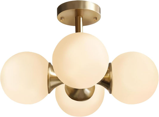 KCO Lighting Antique Brass 4-Light Ceiling Light Mid-Century Frosted Glass Globe Chandelier Modern Flush Mount Ceiling Light Fixtures for Bedroom Living Room
