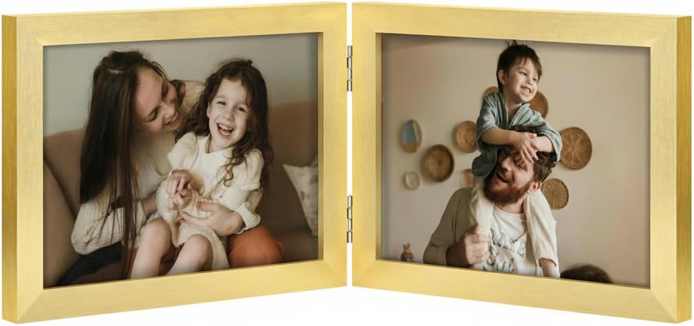 decorUhome Double 7x5 Picture Frame Horizontal, Engineered Wood Bifold Photo Frame with Plexiglass for Tabletop Display, 7x5, Gold