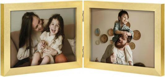 decorUhome Double 7x5 Picture Frame Horizontal, Engineered Wood Bifold Photo Frame with Plexiglass for Tabletop Display, 7x5, Gold