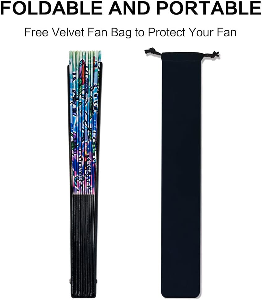 13" Large Rave Fan Bamboo, Folding Clack Hand Fans Foldable for Men Women, Boots on the Ground Poping Fan for EDM Festival Line Dance Decoration, (Jellyfish, Large 13")