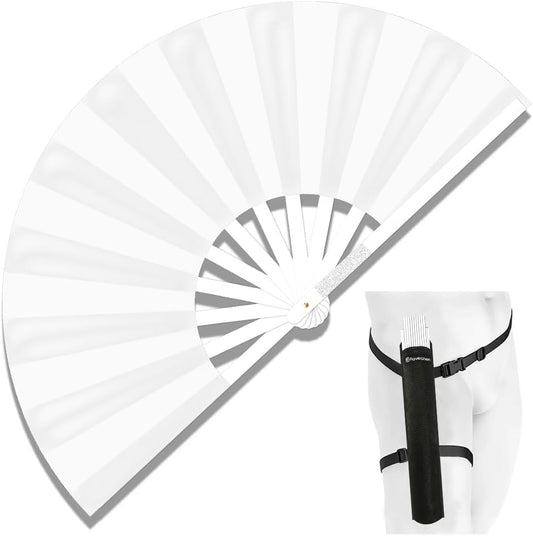 13" Large Folding Rave Fan with Holster, Clack Hand Fans Foldable for Line Dancing, Boots On The Ground Fan for Women Men Festival EDM Party Decoration, White