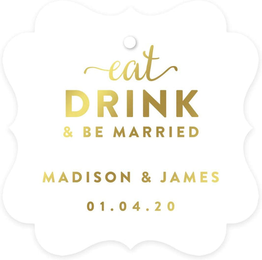 Andaz Press Personalized Fancy Frame Square Wedding Gift Tags, Metallic Gold Ink, Eat Drink and Be Married, 24-Pack, Custom Made Any Name