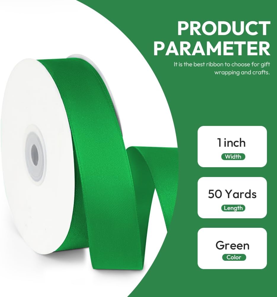 1" x 50 Yards Satin Ribbon - Green Silk Ribbon with Spool - Ideal for Gift Wrapping, Floral Bouquets, Crafts, Wedding Party Decorations, Christmas and Sewing Projects