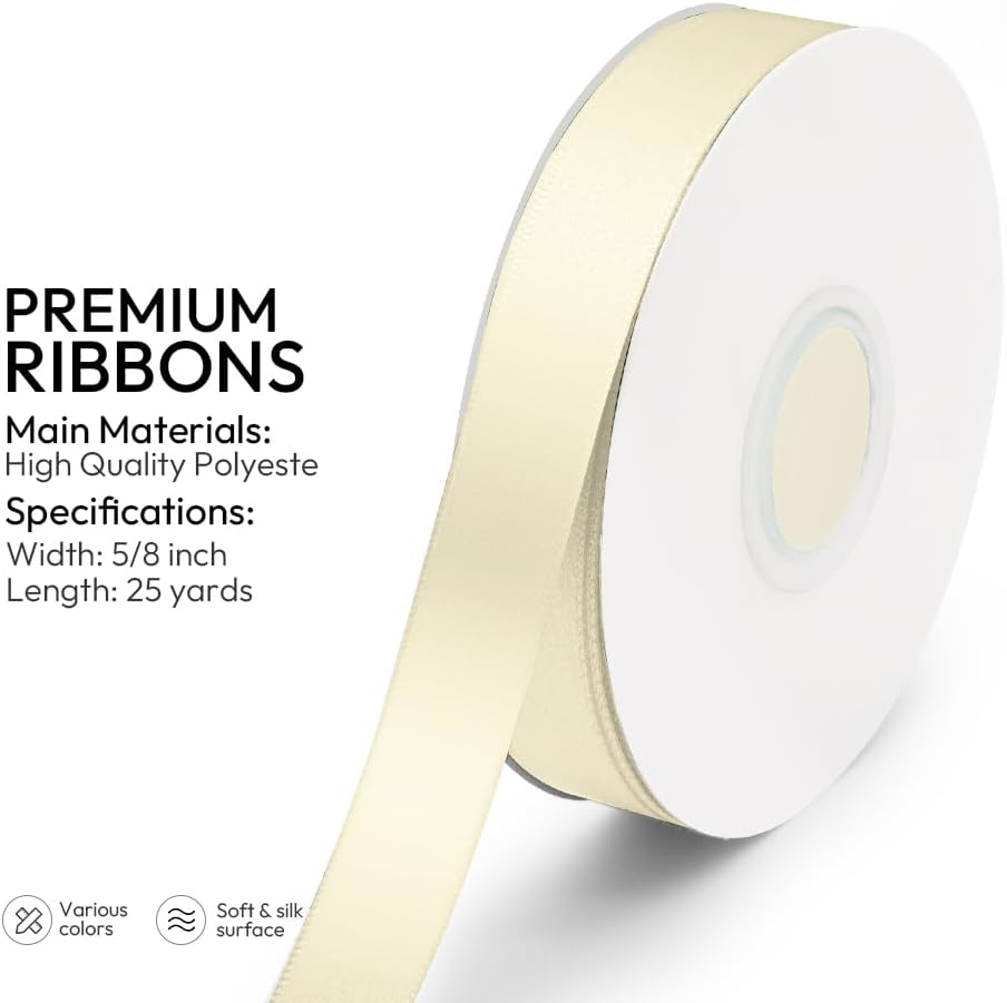 KMER LIFE 5/8 inch x 25 Yards Double Faced Polyester Ivory Satin Ribbon, Perfect for Gift Wrapping Very Suitable for Weddings Party Hair Bow Invitation Decorations and More