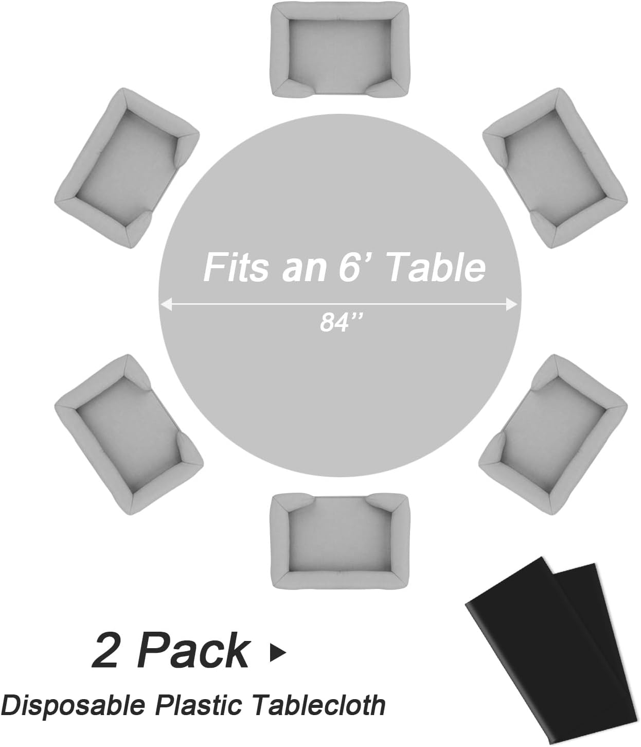 QIKSION Black Round Tablecloth 2 Pack, 84 Inch Plastic Table Cover Disposable for Parties
