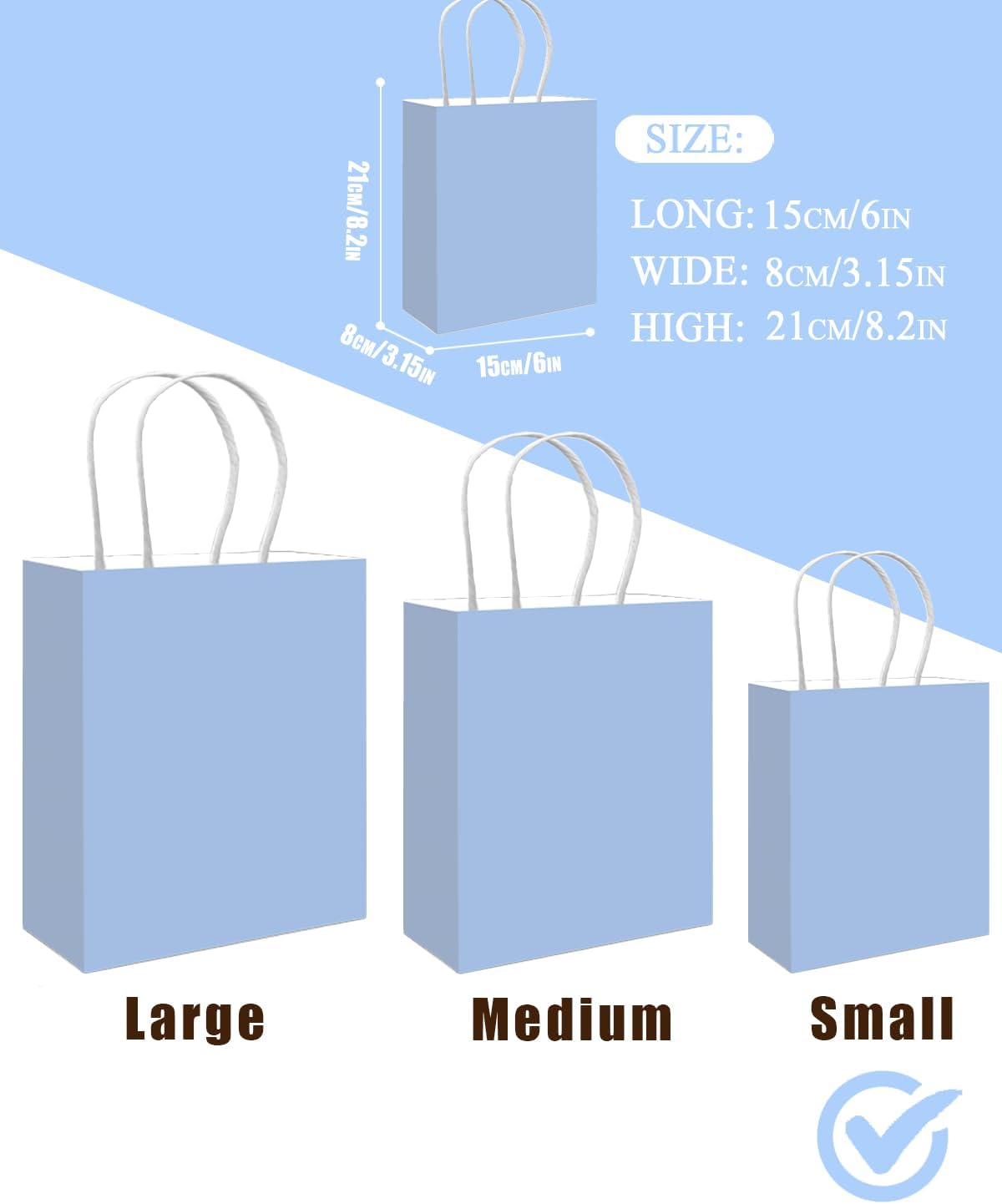 qiqee 50-Packs Gift Bag with Handles Bulk Light Blue Paper Bags Multiple Uses (8.3"x3"x6" Small Size)