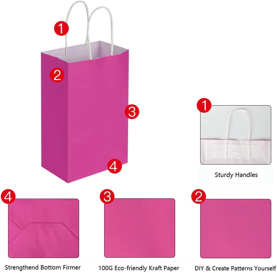 Oikss 50 Pack 5.25x3.25x8.25 Inch Small Hot Pink Kraft Paper Bags with Handles Bulk for Birthday Wedding Party Favors Grocery Retail Shopping Business Goody Craft Gift Bags Sacks (Fuchsia 50pcs Count)