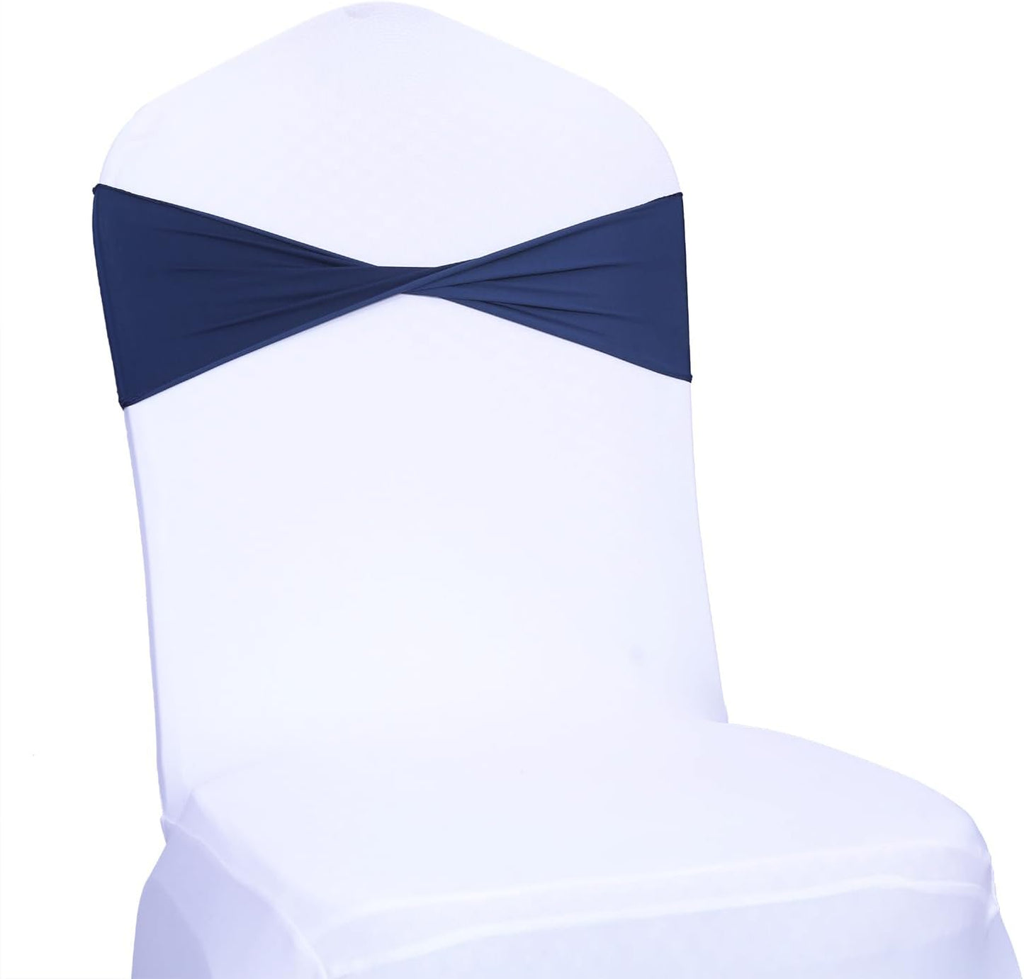 MDS Pack of 50 Spandex Chair Sashes Bows Elastic Stretch Dining Chair Bands Ties Without Slider Buckle Universal fits for Wedding Baby Shower Birthday Party Banquet Event Decoration - Navy Blue