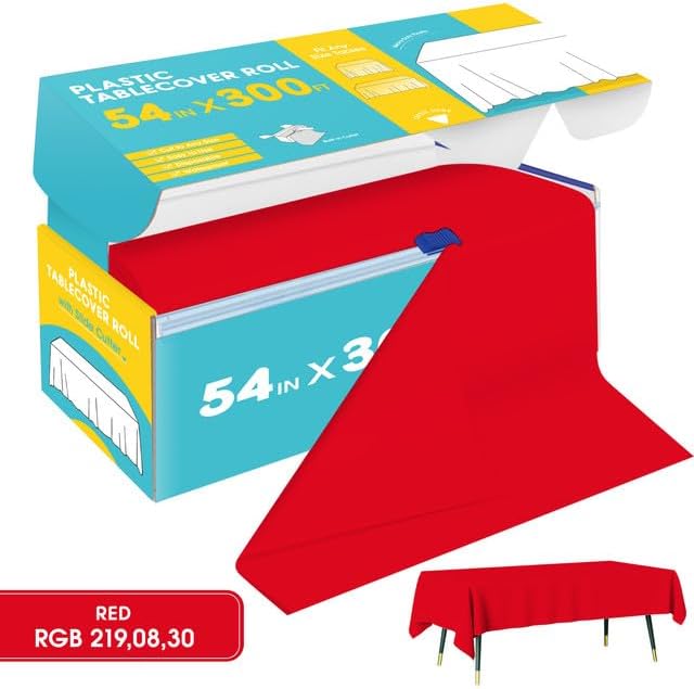Red Plastic Table Cover Roll - 54IN x 300FT, Table Cloth for Rectangle Table with Slide Cutter, Plastic Table Cloth Disposable with Cut-to-Size Design for Weddings, Banquets, Parties