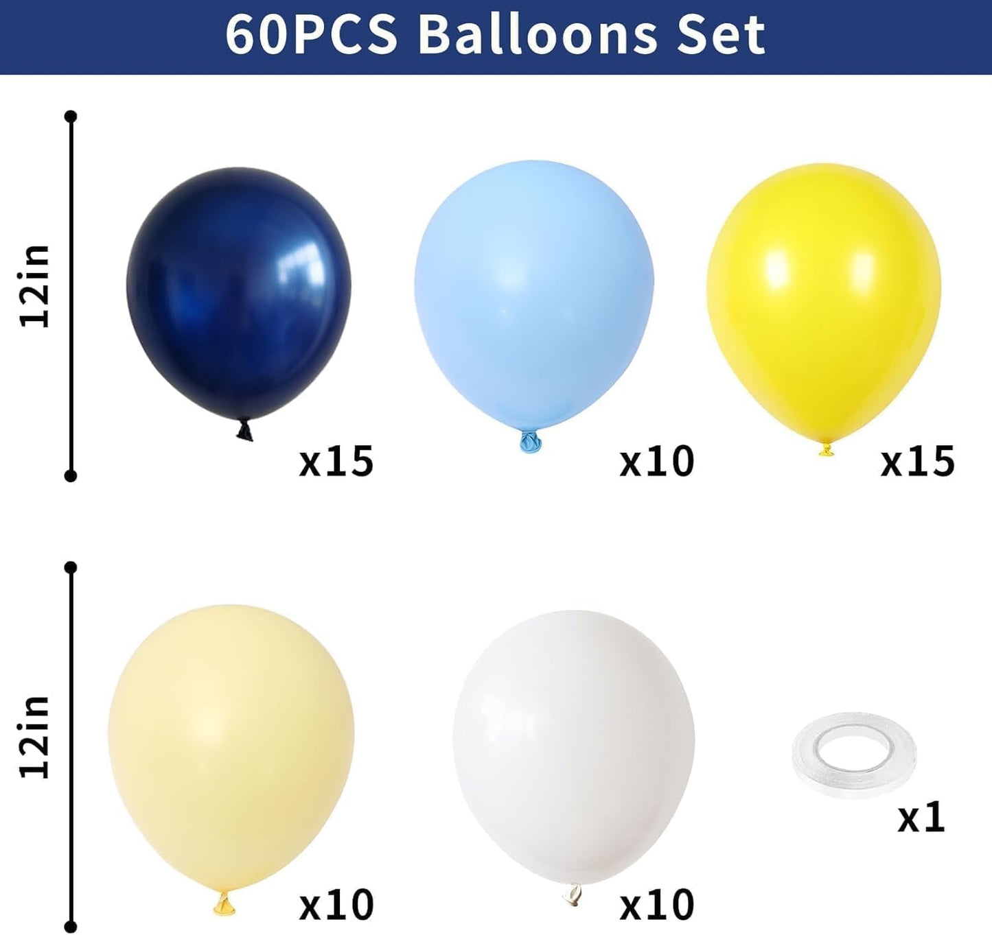 Blue Yellow Balloons Set, 60PCS Navy Blue Matte Yellow White Party Balloons, Pastel Blues Yellows and White Latex Helium Balloon for Boys Birthday Baby Shower Graduation Truck Office Party Decorations
