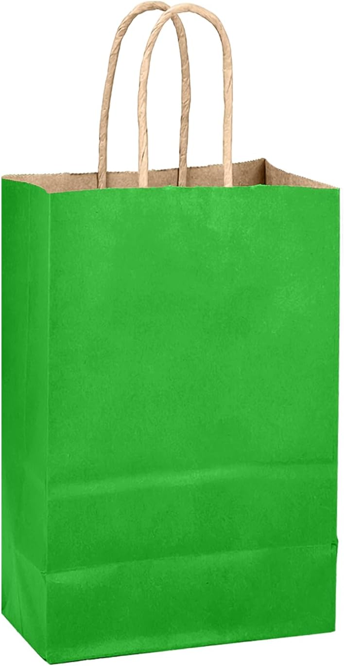 qiqee Bamboo Green Gift Bag with Handles Bulk 24Pcs Paper Bags -8.3"x6"x3. 15" Party Favor Bags - Solid Color