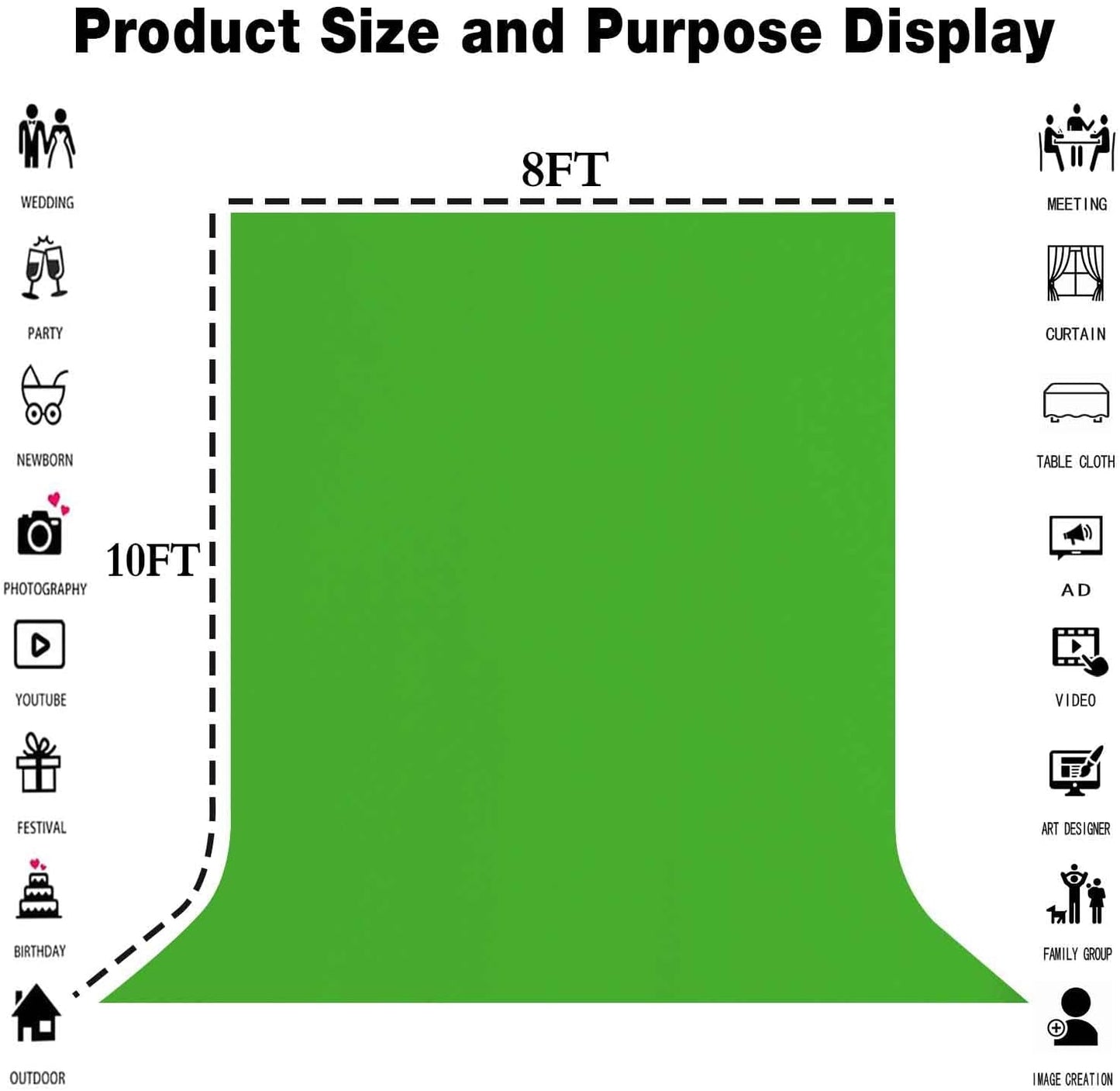 8x10FT Green High Density Fabric Screen Backdrop, Solid Color Photography Background for Video, Studio, Photo, Live, Editing