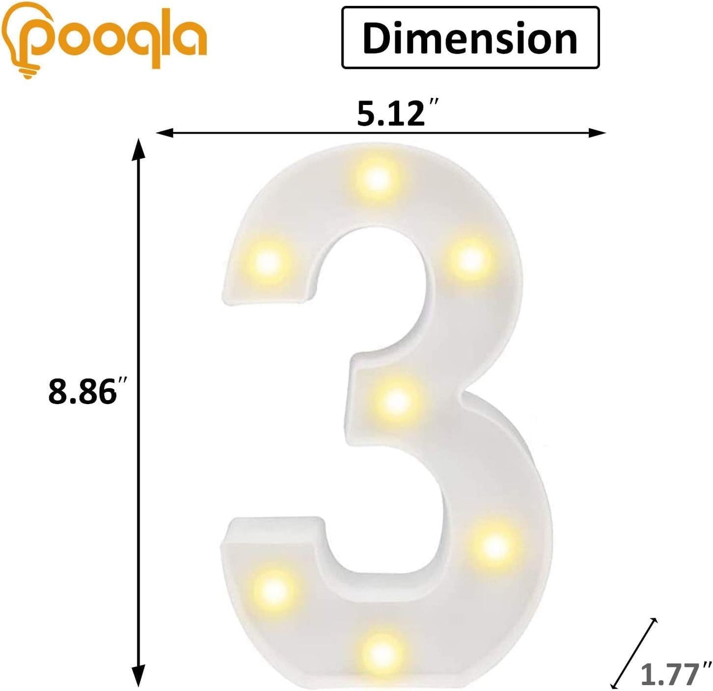 Pooqla LED Light Up Numbers, Warm White and Cool White Decorative Lighted Marquee Numbers, Light Up Numbers for Boys Girls Party, Wedding, Bar, Night Light, Room Decor, Birthday Decoration, Number 3