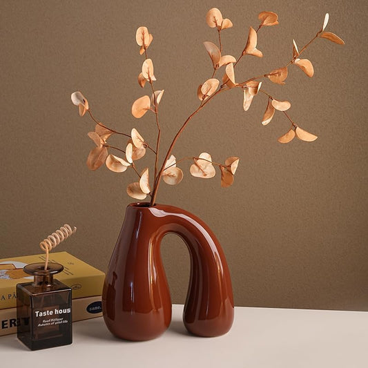 Brown Ceramic Vase – Glossy Modern Sculptural Décor, Arch Handle Artistic Design, Warm Earth-Tone Accent for Table, Shelf, or Entryway (7.5 in, Holds Water)