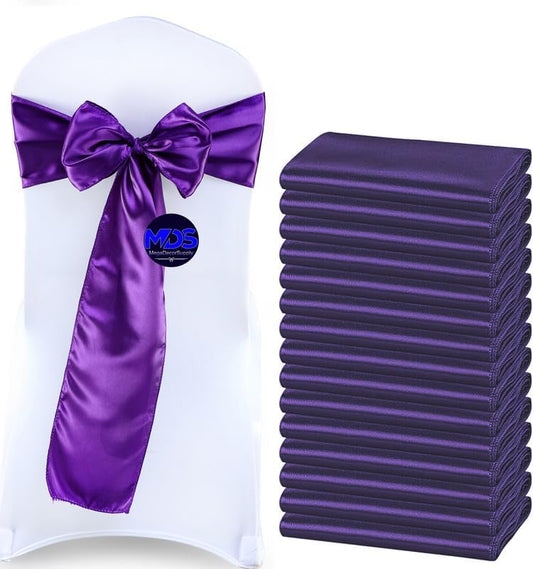 MDS Pack of 100 PCS Satin Chair Sashes Charmeuse Sateen Dining Chair Bows Ribbon Ties Back Sash for Wedding Party Birthday Home Hotel Restaurant Banquet Decoration (7 x 108 Inch, Cadbury Purple)