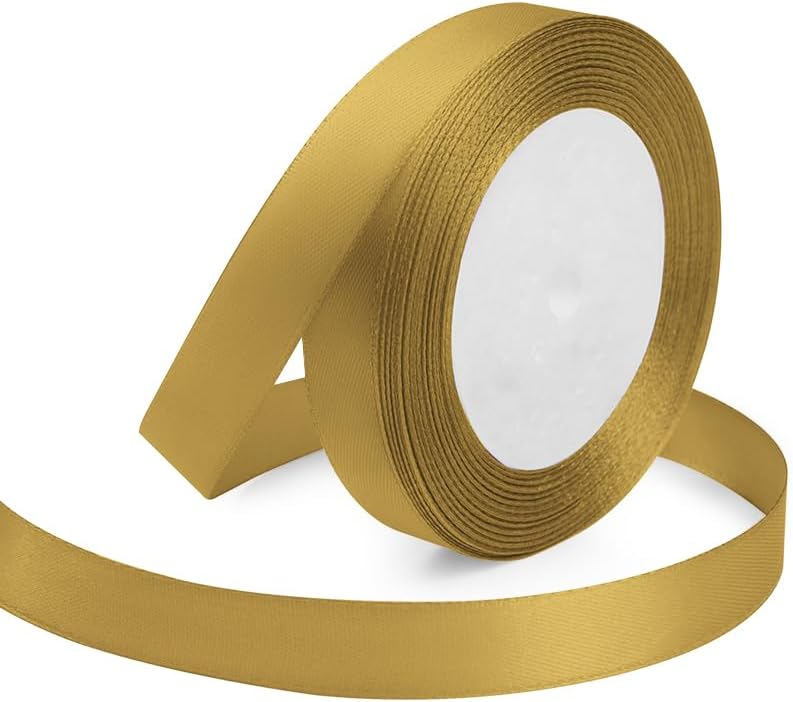 Golden Ribbon 5/8 Inches x 25 Yards, Golden Satin Fabric Silk Ribbon for Gift Wrapping, Bows Making, Floral Bouquets, Wreaths, DIY Handicrafts, Sewing Projects, Baby Shower and Wedding Party