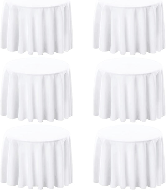 6 Pack White 90 Inch Round Tablecloths. Stain and Winkle Resistant Polyester Washable White Table Cloths for Parties Wedding Dining