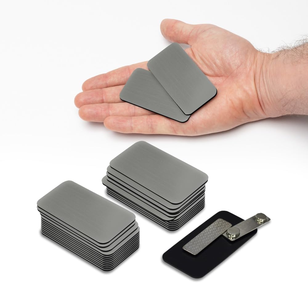 Brushed Silver Name Tag Blanks – 25 Pack, 1.5" x 3", Round Corners, Engravable Plastic Badges with Magnetic Backing – All Quality Badges