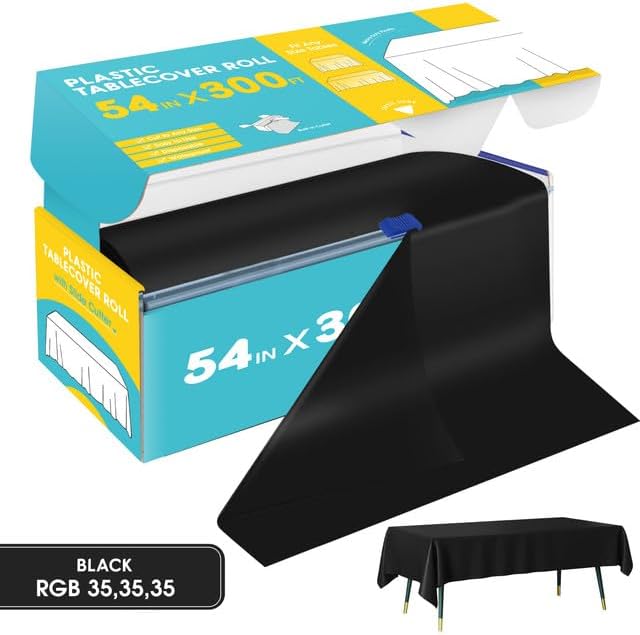 Black Plastic Table Cover Roll - 54IN x 300FT, Table Cloth for Rectangle Table with Slide Cutter, Plastic Table Cloth Disposable with Cut-to-Size Design for Weddings, Banquets, Parties