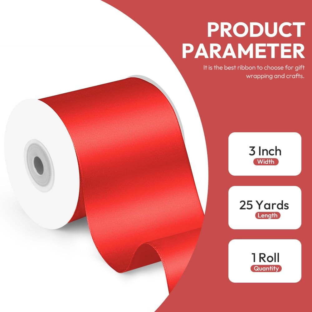 3 Inch x 25 Yard Red Satin Ribbon - Perfect for Gift Wrapping, Cutting Ribbons, Ceremony Décor, Wedding Bouquets, Embroidery, Christmas Crafts & Sewing Projects
