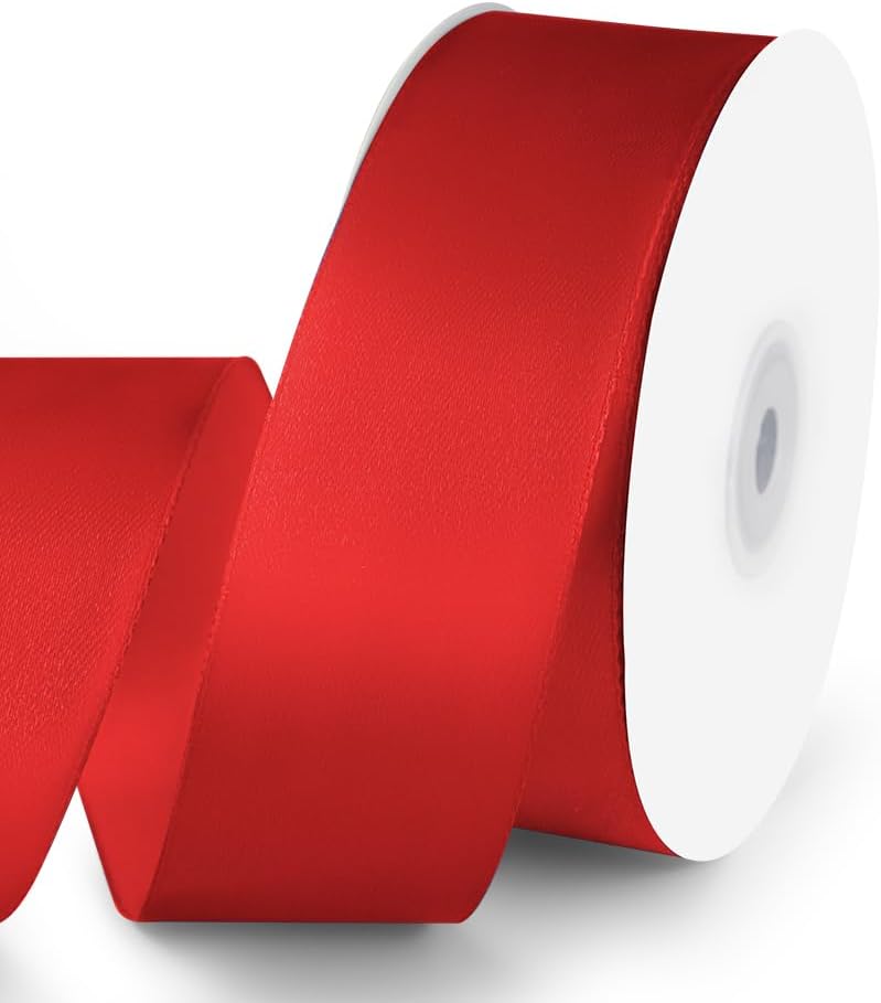 KMER LIFE 1-1/2" Wide x 50 Yards Red Single Faced Polyester Satin Ribbon - Perfect for Wedding Decor, Wreath, Crafts, Gift Wrapping & Other Projects