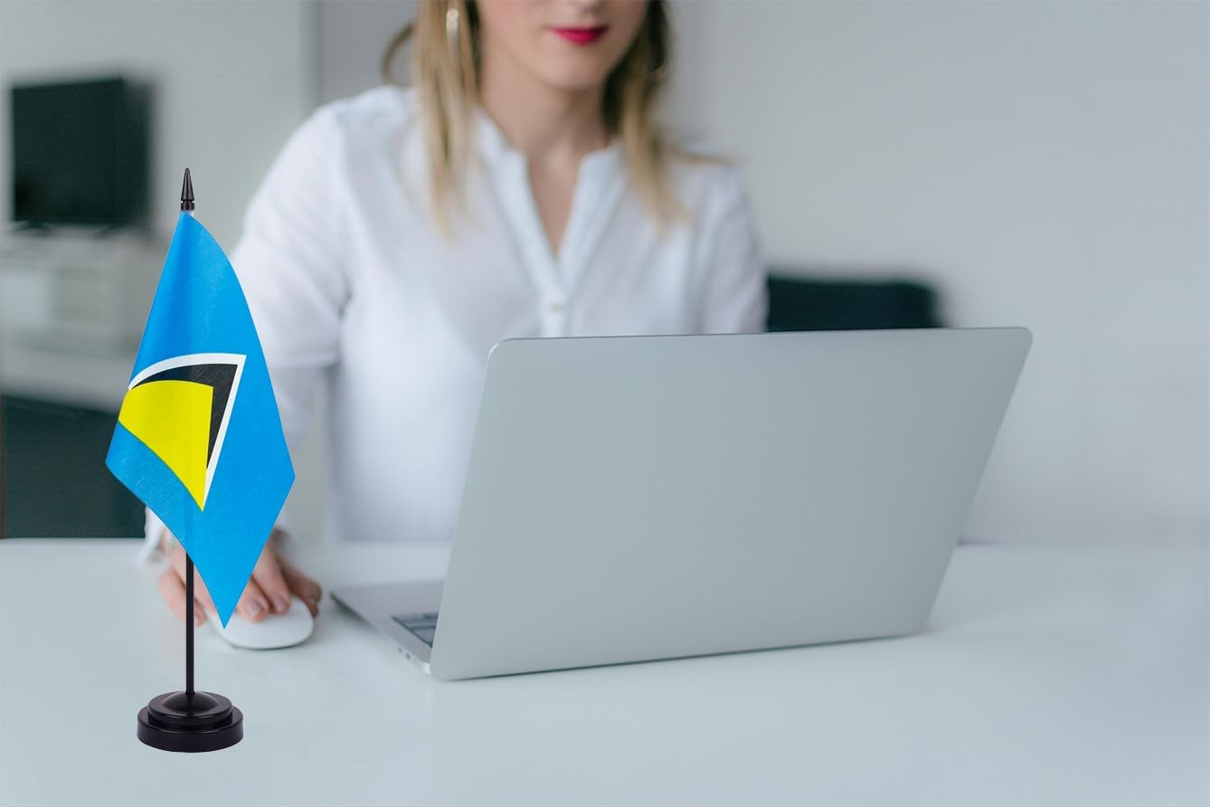 WXTWK 2 Pack Saint Lucia Flag Saint Lucia Deluxe Desk Flag Set - Mini Small Saint Lucia Table Office Flags with Black 12" Solid Pole Stand Base Classroom Meeting Desktop Decorations