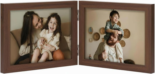 decorUhome Double 7x5 Picture Frame Horizontal, Engineered Wood Bifold Photo Frame with Plexiglass for Tabletop Display, 7x5, Brown