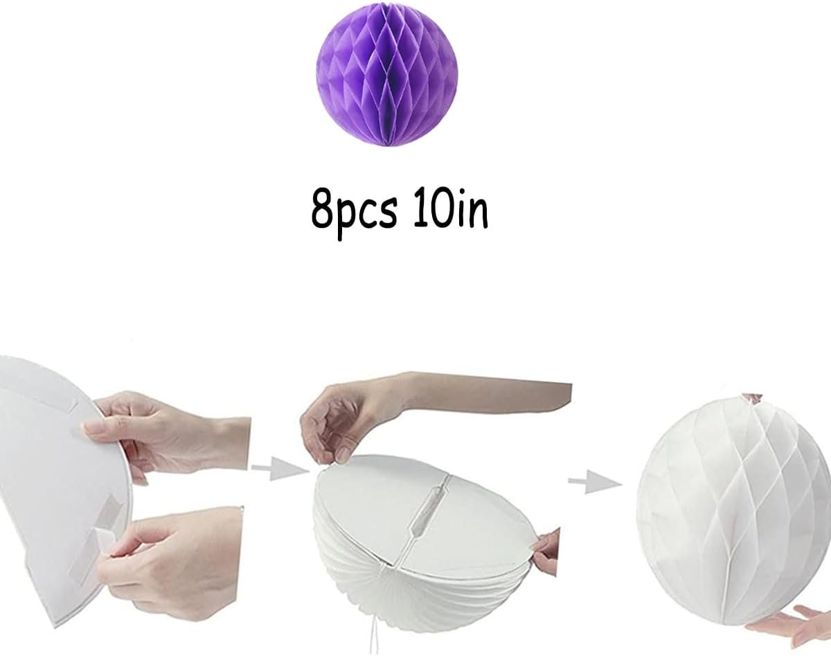 8pcs 10 inch Paper Honeycomb Balls Decorative Tissue Honeycomb Balls Paper Pom Poms Flower Balls Art Hanging Balls for Birthday Wedding Nursery Baby Shower Home Decor (10inch, Purple)