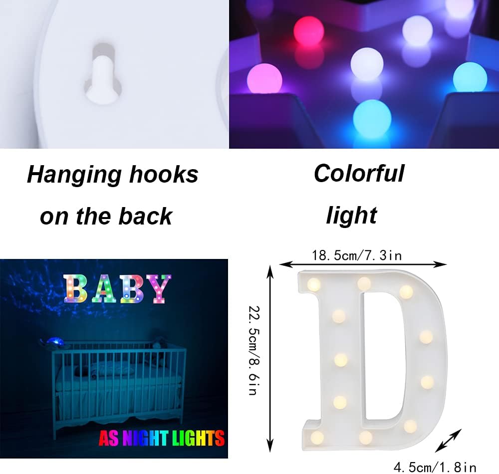 Light Up Colorful LED Marquee Letter lights, 18 Colors Changing Alphabet Letters Sign with Remote Timer for Night Light Girls Bedroom Wedding Birthday Party Lamp Christmas Home Bar Decor- Colorful D