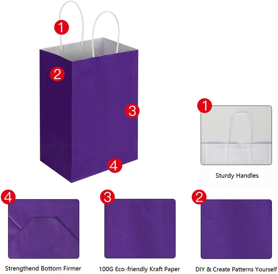 Oikss 50 Pack 5.25x3.25x8.25 Inch Small Purple Kraft Paper Bags with Handles Bulk for Birthday Wedding Party Favors Grocery Retail Shopping Business Goody Craft Gift Bags Cub Sacks, 50 Count