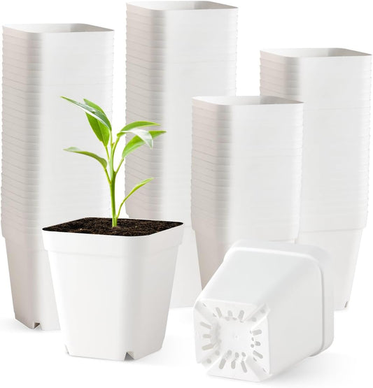 BTPLASTIK 120 Pcs Nursery Pots 3.5 Inch, Plastic Seed Starting Pot with Drainage Holes, Small Sturdy Seedling pots for Planting, Cuttings (White)