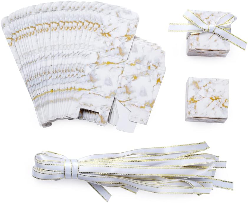 AWELL Small Marble White Gift Candy Box Bulk 2x2x2 inches with Ribbon Party Favor Box,Gold and White Marble,Pack of 50