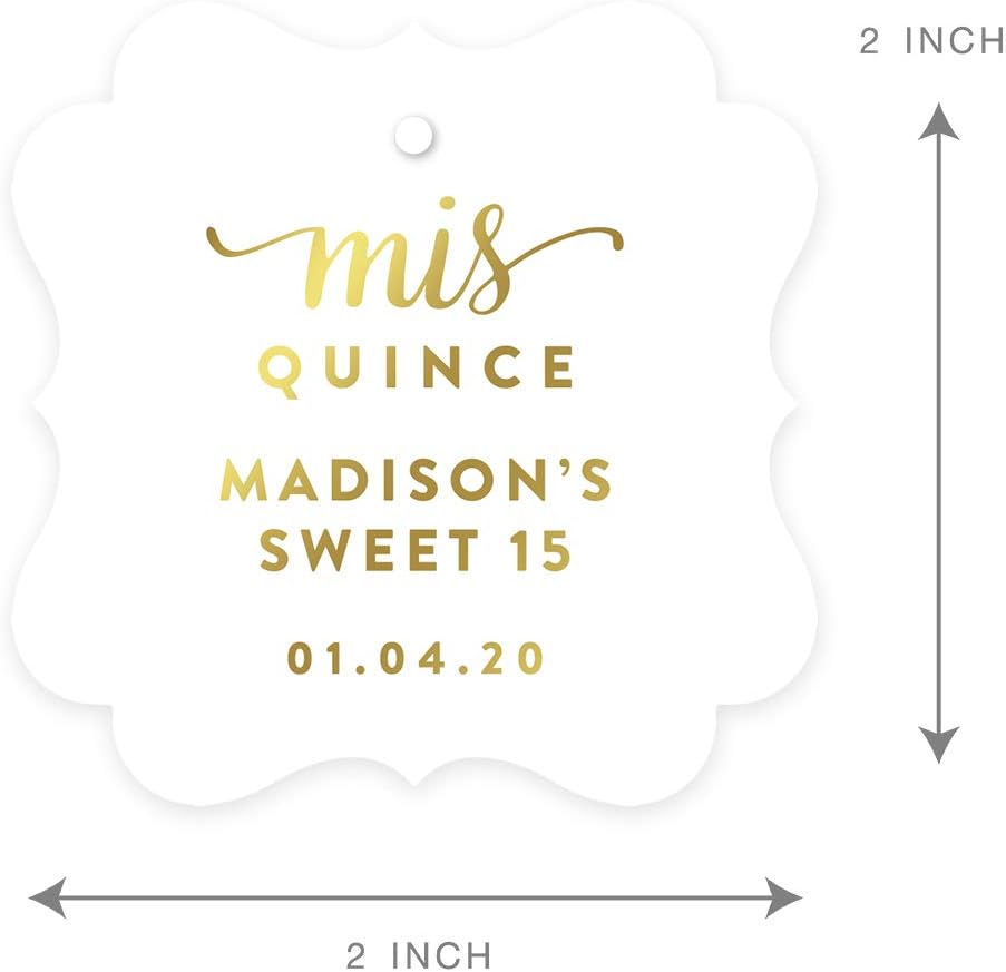 Andaz Press Personalized Fancy Frame Square Birthday Gift Tags, Metallic Gold Ink, Sweet 15 Birthday, Mis Quince Quinceanera, 24-Pack, Custom Made Name