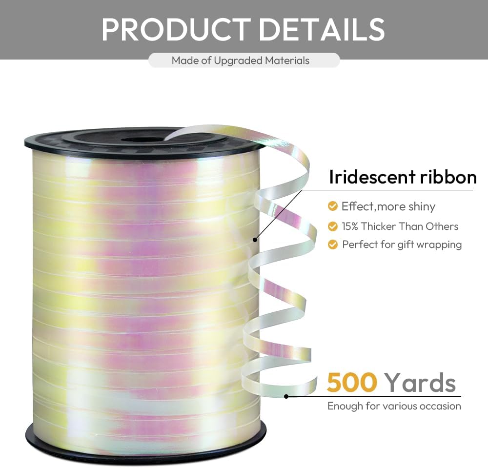 KMER LIFE White Gradient Curling Ribbon, 1/5" Wide x 500 Yards Christmas Curling Ribbons for Gift Wrapping, Party Decoration, Balloon String, Crafting, Balloon Ribbons for Florist Flower (1 Roll)