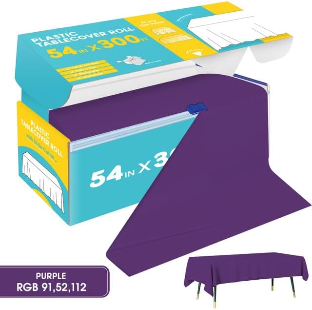 Purple Plastic Table Cover Roll - 54IN x 300FT, Table Cloth for Rectangle Table with Slide Cutter, Plastic Table Cloth Disposable with Cut-to-Size Design for Weddings, Banquets, Parties