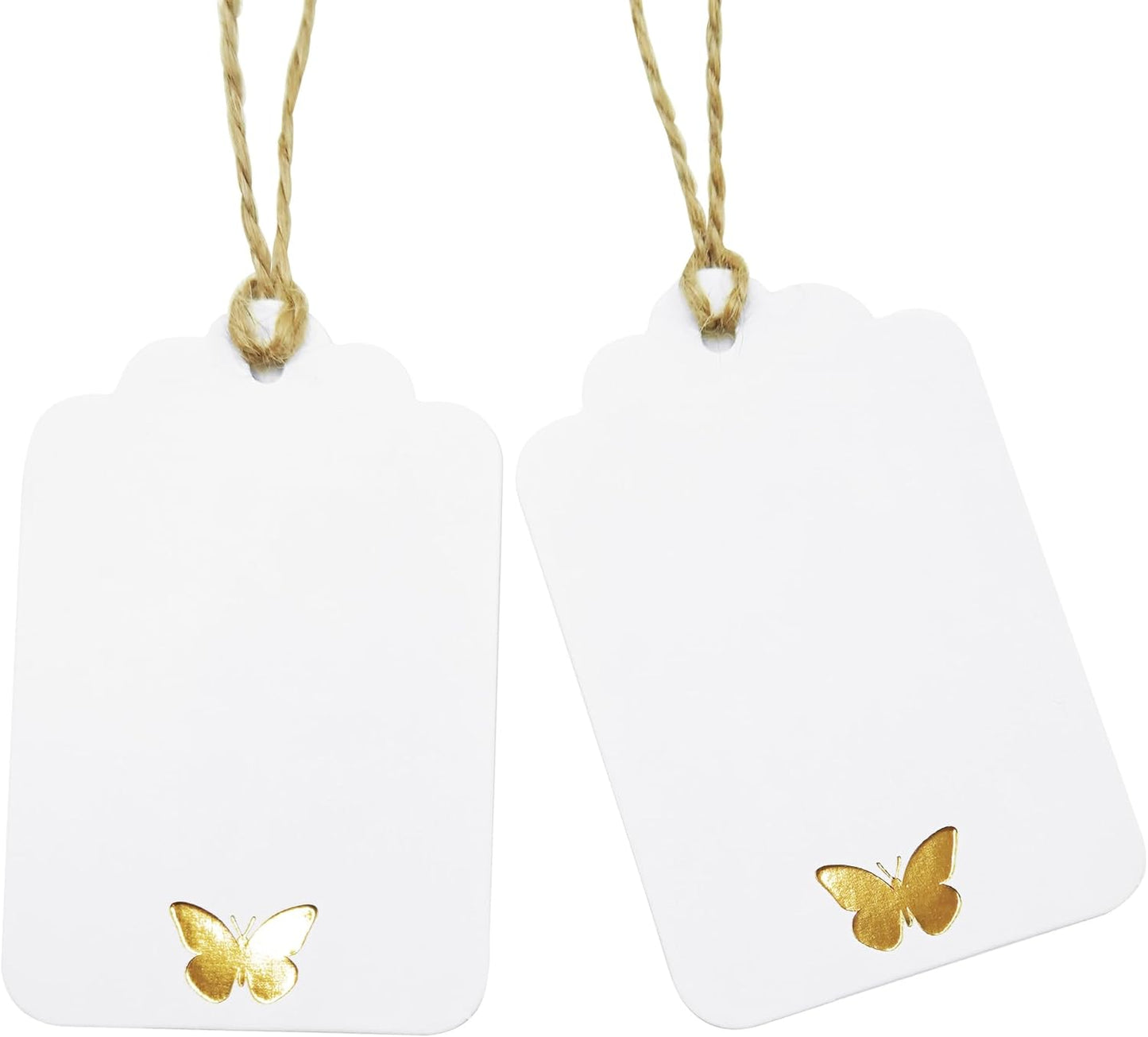 100Pcs Blank Gift Tags with String, Foil Gold Butterfly Large Gift Tags with 65 Ft Jute Twine White Paper Cute Tags for Birthday Baby Shower Wedding Party Gift Wrap Tags
