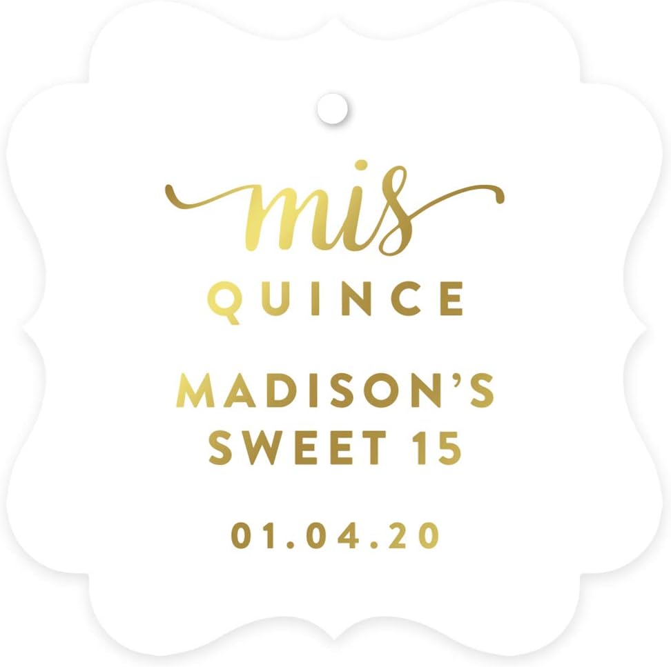 Andaz Press Personalized Fancy Frame Square Birthday Gift Tags, Metallic Gold Ink, Sweet 15 Birthday, Mis Quince Quinceanera, 24-Pack, Custom Made Name