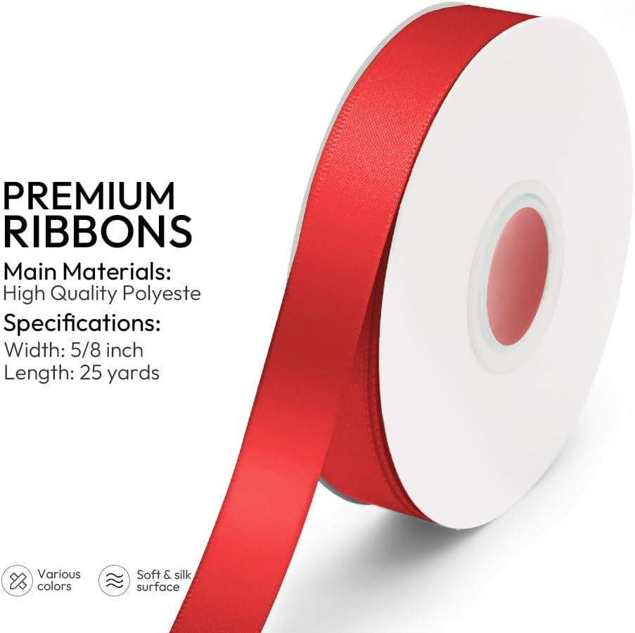 KMER LIFE 5/8 inch x 25 Yards Double Faced Polyester Red Satin Ribbon, Perfect for Gift Wrapping Very Suitable for Weddings Party Hair Bow Invitation Decorations and More