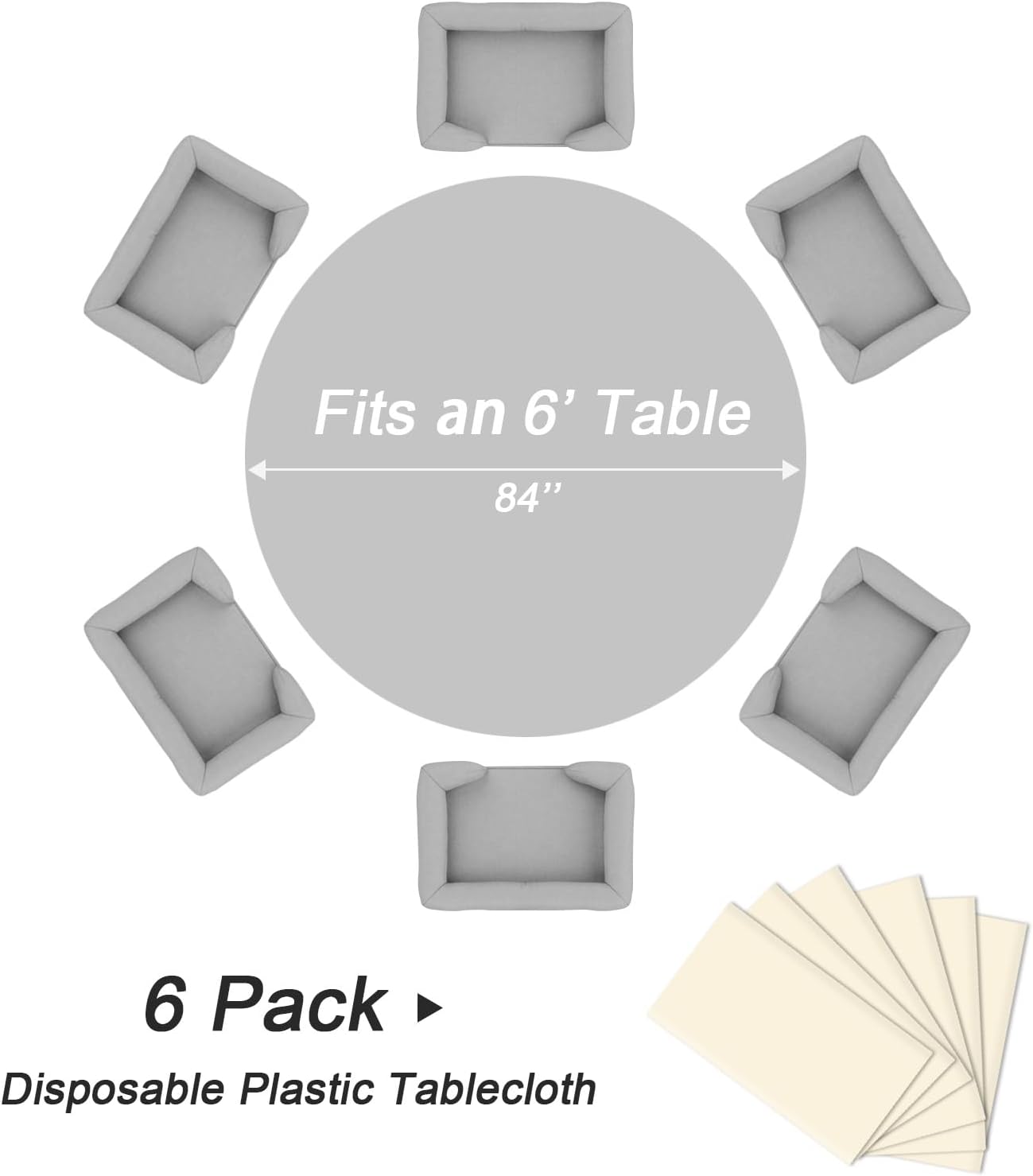 QIKSION Ivory Round Tablecloth 6 Pack, 84 Inch Plastic Table Cover Disposable for Parties