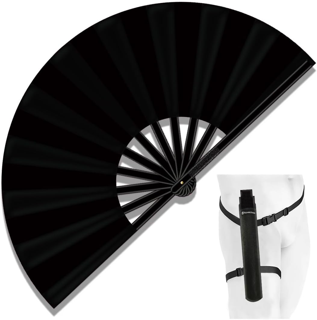13" Large Folding Rave Fan with Holster, Clack Hand Fans Foldable for Line Dancing, Boots On The Ground Fan for Women Men Festival EDM Party Decoration, Black